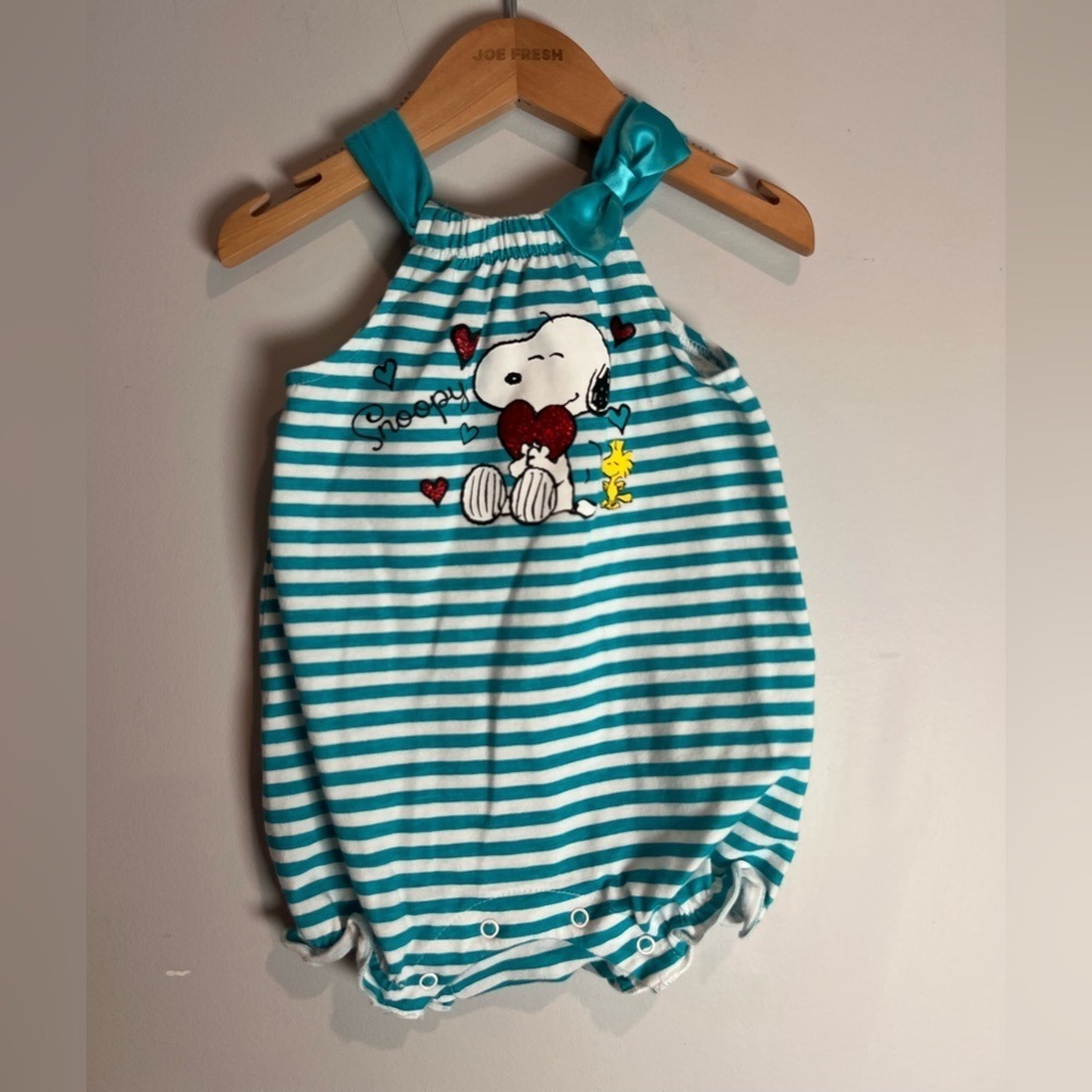 Peanuts Snoopy & Woodstock Striped Aqua & White Romper Baby Girl 3-6M